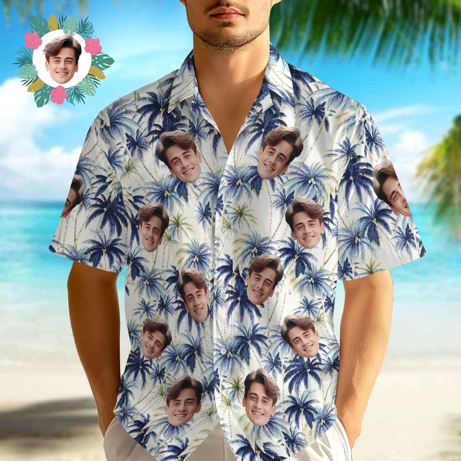 Hawaii-hemd Mit Individuellem Gesicht. Dunkelblaues Hawaii-hemd Mit Kokosnussbaum-gesicht