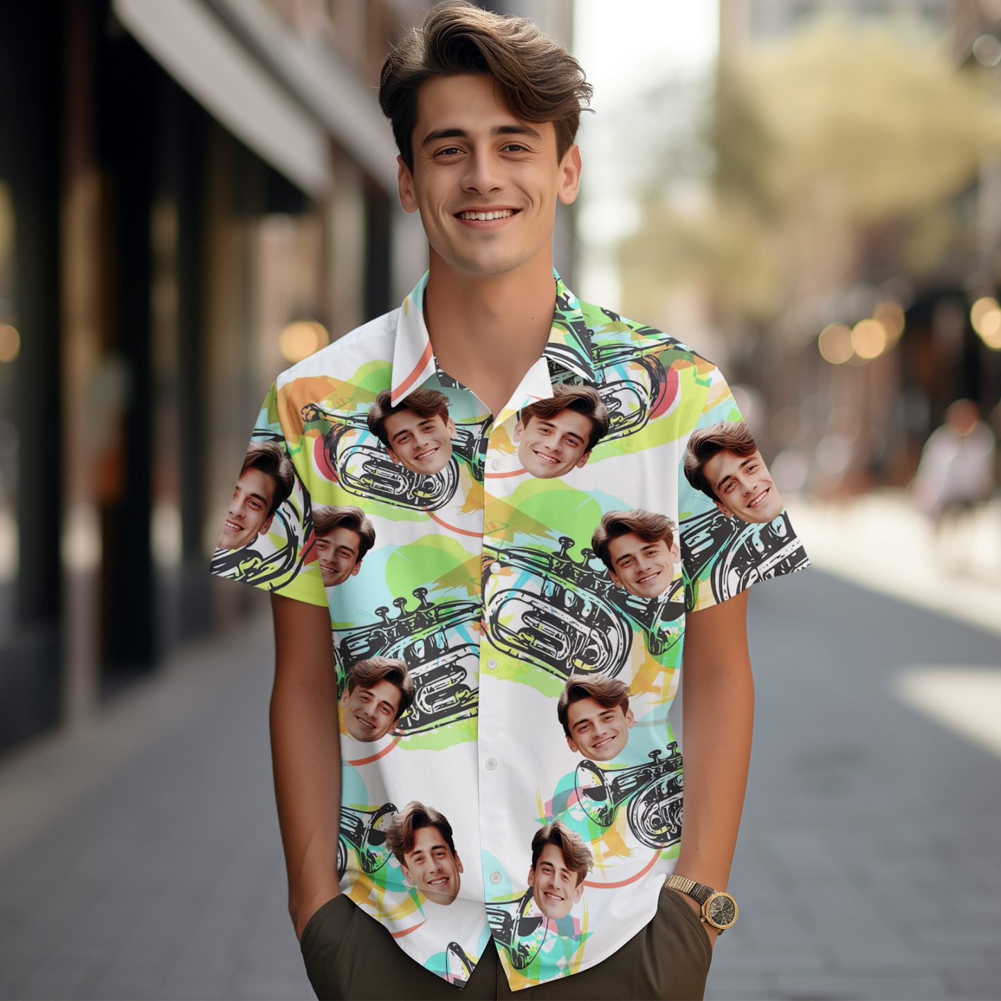 Benutzerdefinierte Herren Hawaiihemden Blau Vintage Element Auto Gesicht Hawaiihemd Für Männer Aloha Shirt Geschenk - MyFaceSocksDE