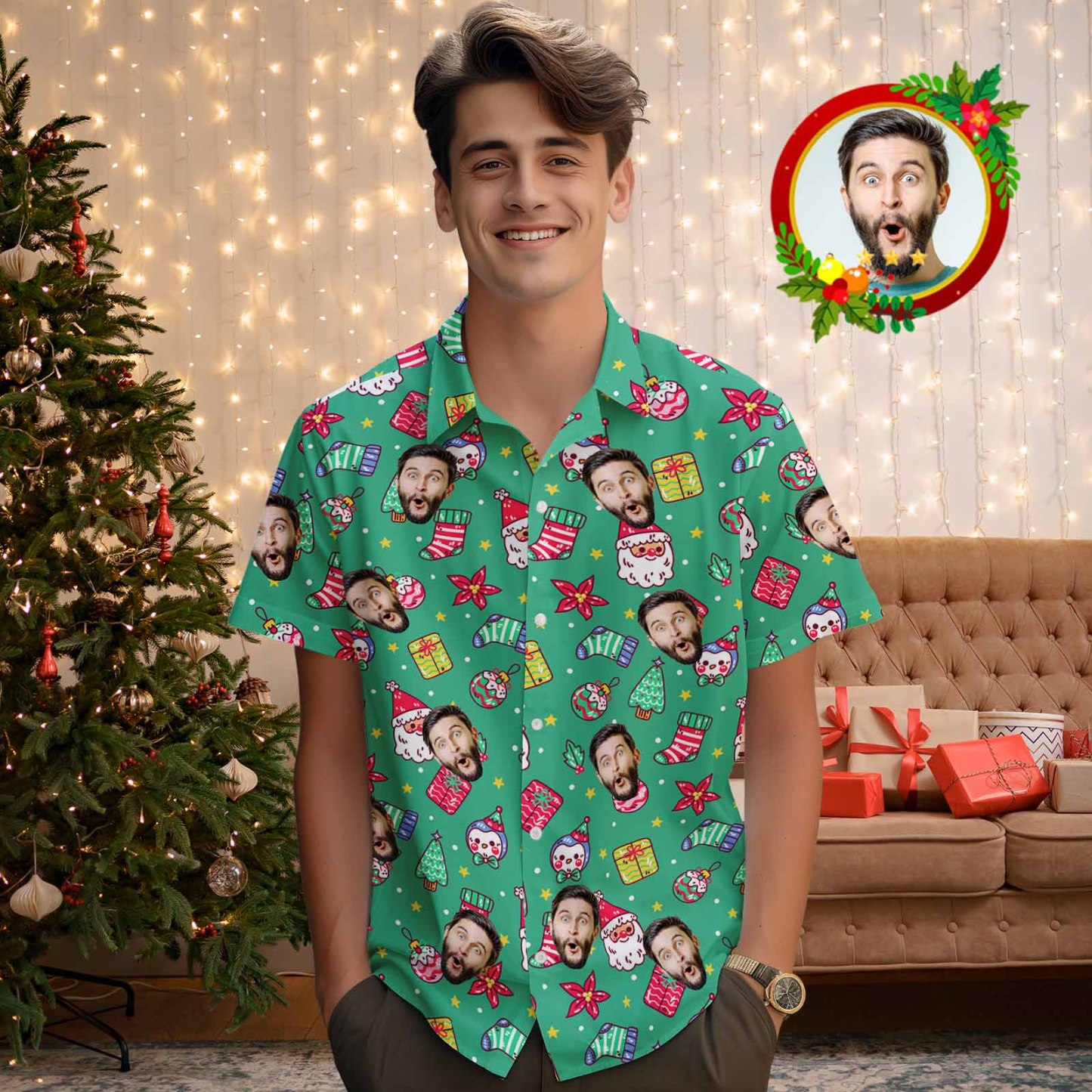 Personalisiertes Hawaii-hemd Für Herren Mit Weihnachtsmann-gesicht - MyFaceSocksDE