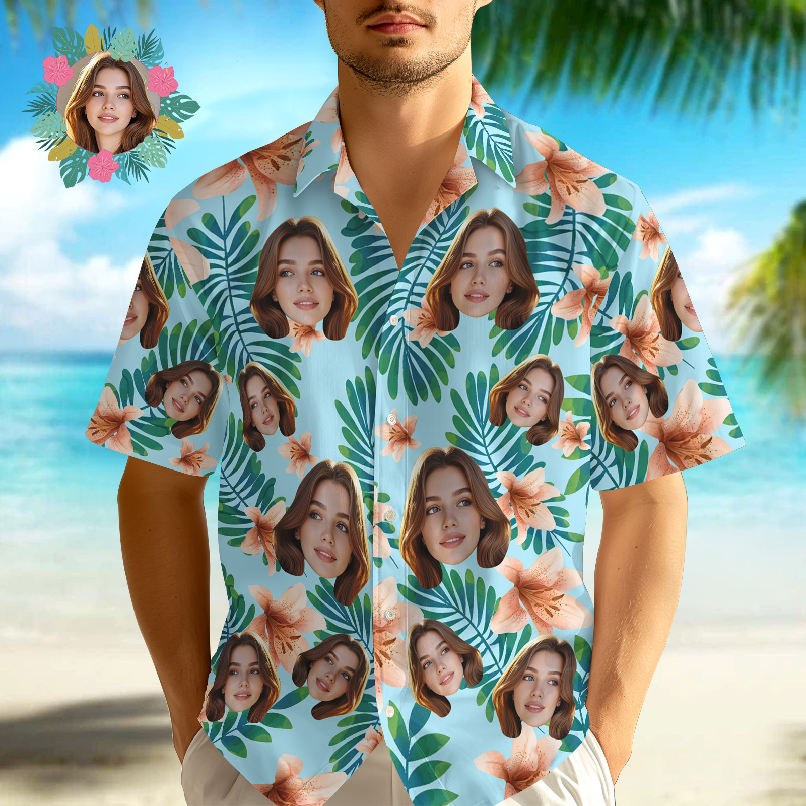 Personalisiertes Hawaii-aloha-shirt Mit Tropischen Blättern, Sommer-urlaubsgeschenk, Individuelles Gesicht Hawaii-shirt