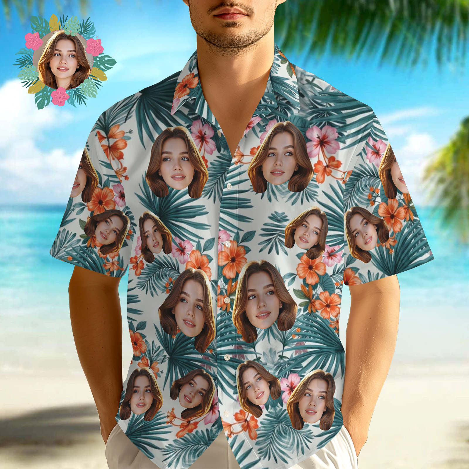 Personalisiertes Hawaii-aloha-shirt Mit Tropischen Blättern, Sommer-urlaubsgeschenk, Individuelles Gesicht Hawaii-shirt