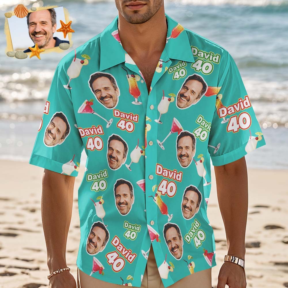 Personalisiertes Geburtstagsgesicht Und -name, Hellblaues Hawaii-hemd, Individuelles Gesicht, Lustiges Geburtstagsparty-shirt, Individuelles Gesichtsfoto, Geburtstags-passendes Geburtstagsparty-gruppen-shirt - MyFaceSocksDE