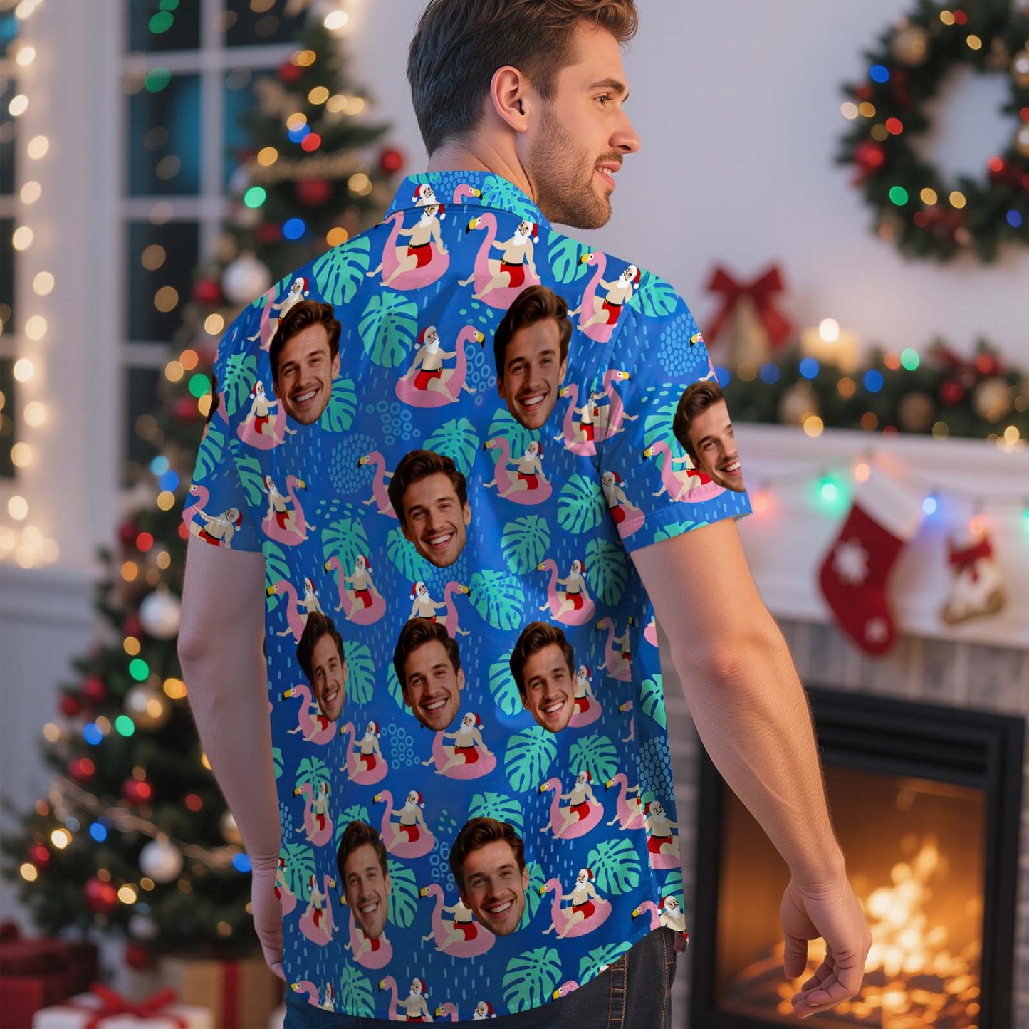 Personalisiertes Weihnachtsshirt Mit Gesichtsmotiv, Weihnachtsflamingos, Hawaiihemd – Das Perfekte Geschenk Für Familie Und Freunde - MyFaceSocksDE