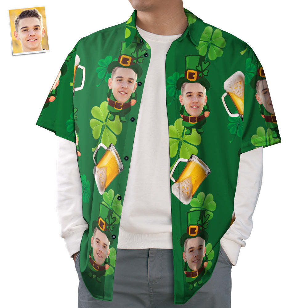 Hawaiihemden Mit Benutzerdefiniertem Gesicht, Klee- Und Biermusterhemden, Lässige Kurzarmhemden - GesichtSocken