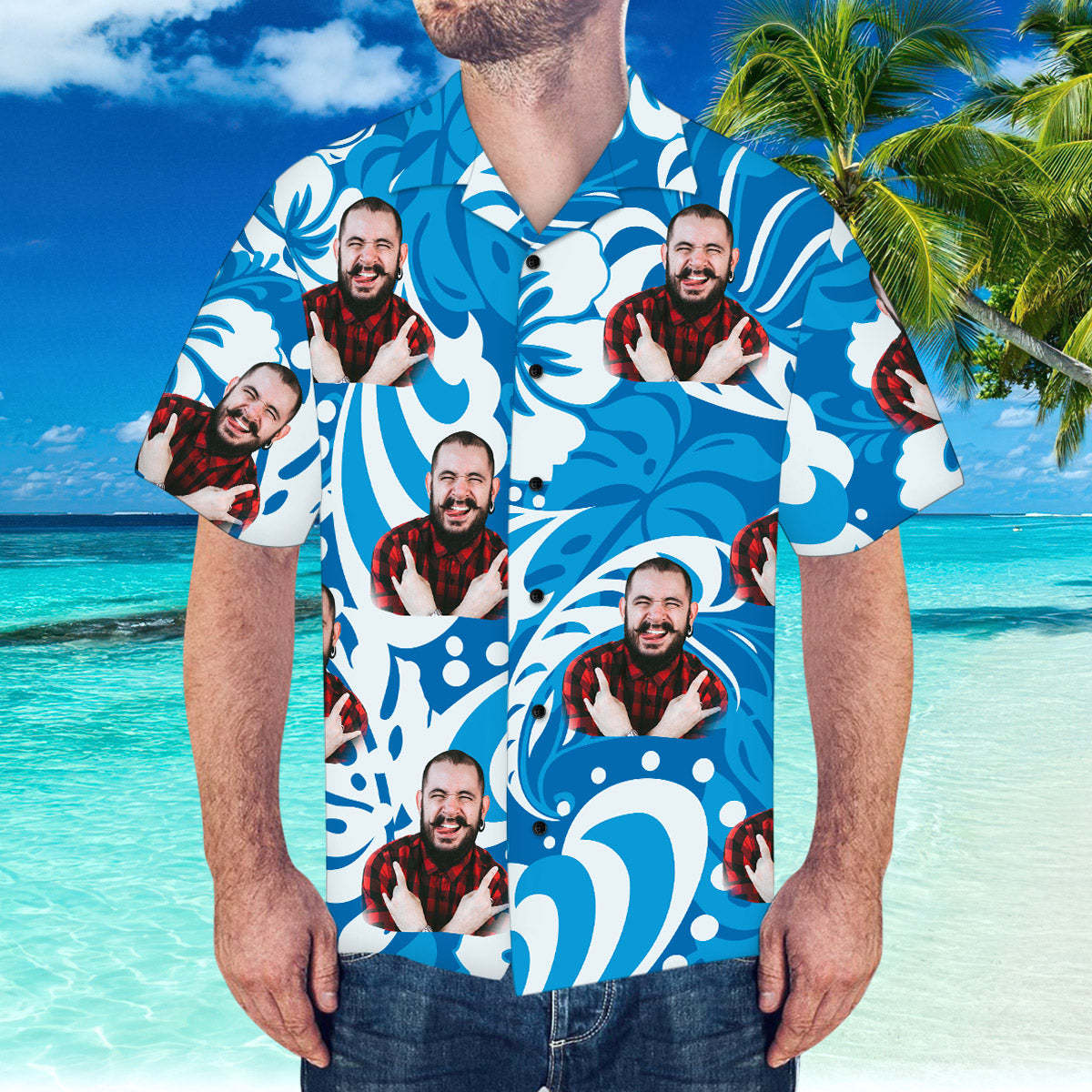 Kundenspezifisches Hawaii-hemd Mit Freund-gesichts-blättern U. Blumen-muster-hawaii-hemd - GesichtSocken
