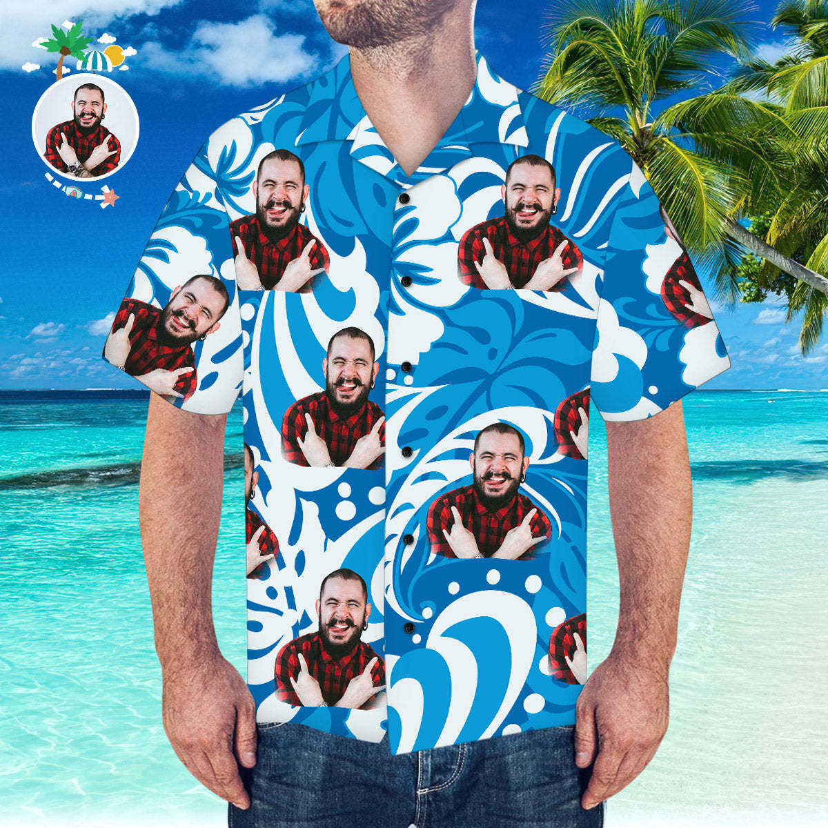 Kundenspezifisches Hawaii-hemd Mit Freund-gesichts-blättern U. Blumen-muster-hawaii-hemd - GesichtSocken