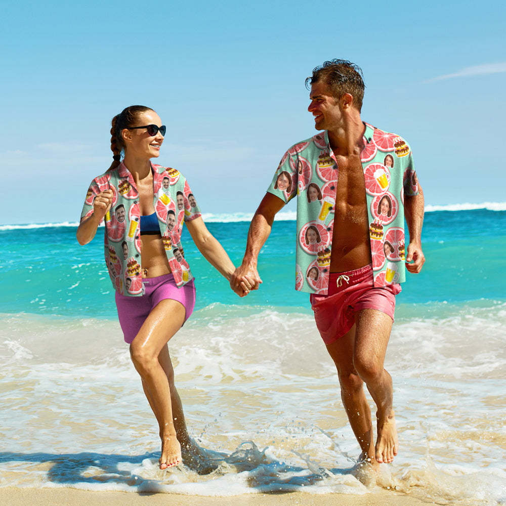 Kundenspezifisches Foto-hawaii-hemd-paar Trägt Personalisiertes Gesicht-hawaii-hemd-geschenk Groovy Grapefruit - GesichtSocken