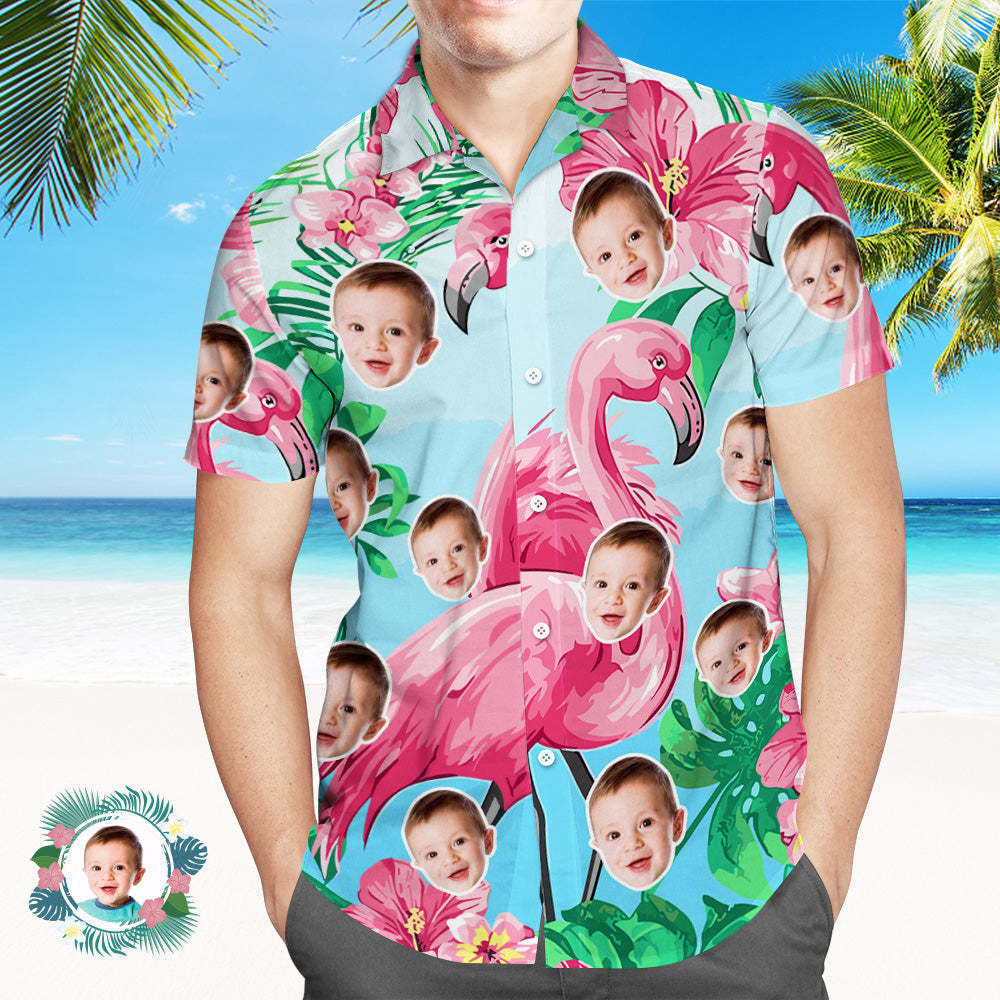 Benutzerdefinierte Foto Hawaiihemd Paar Outfit Eltern-kind Trägt Gesicht Hawaiihemd Geschenk Flamingo - GesichtSocken
