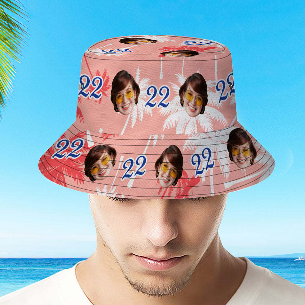 Custom Face And Number Birthday Bucket Hat Red And White Coconut Tree Hat - GesichtSocken