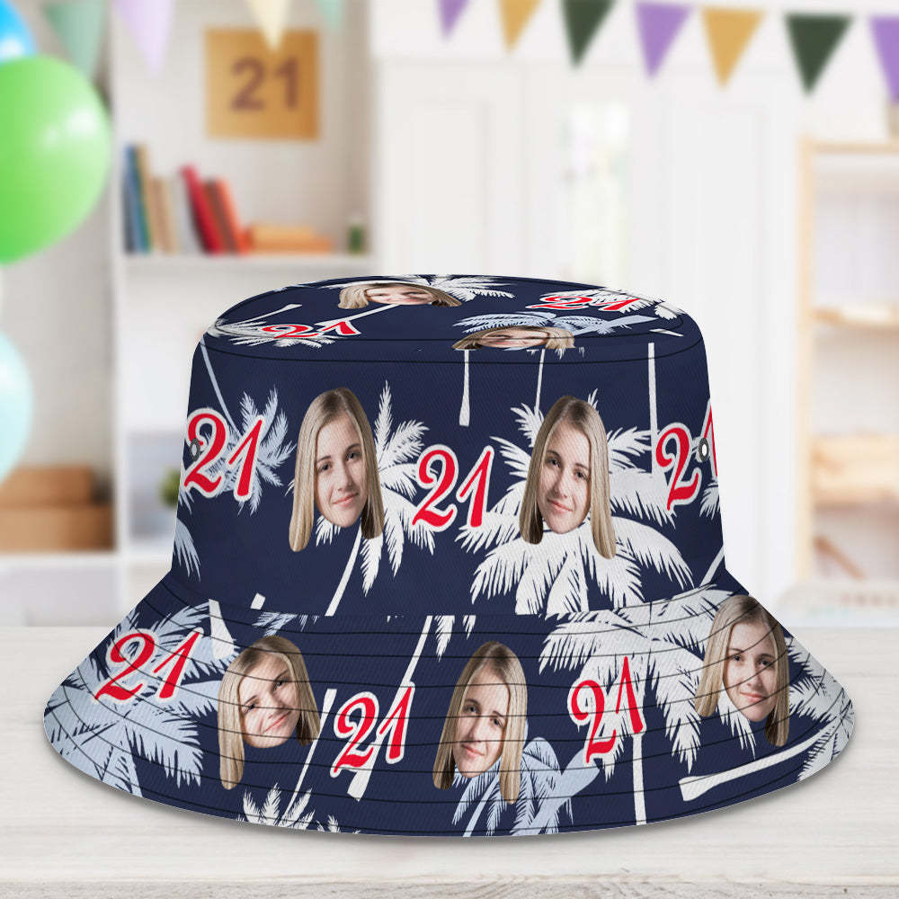 Custom Face And Number Birthday Bucket Hat Red And White Coconut Tree Hat - GesichtSocken
