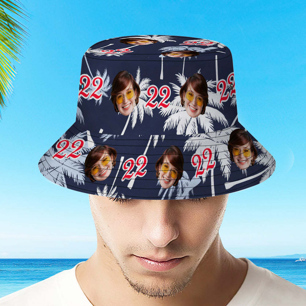 Custom Face And Number Birthday Bucket Hat Red And White Coconut Tree Hat - GesichtSocken