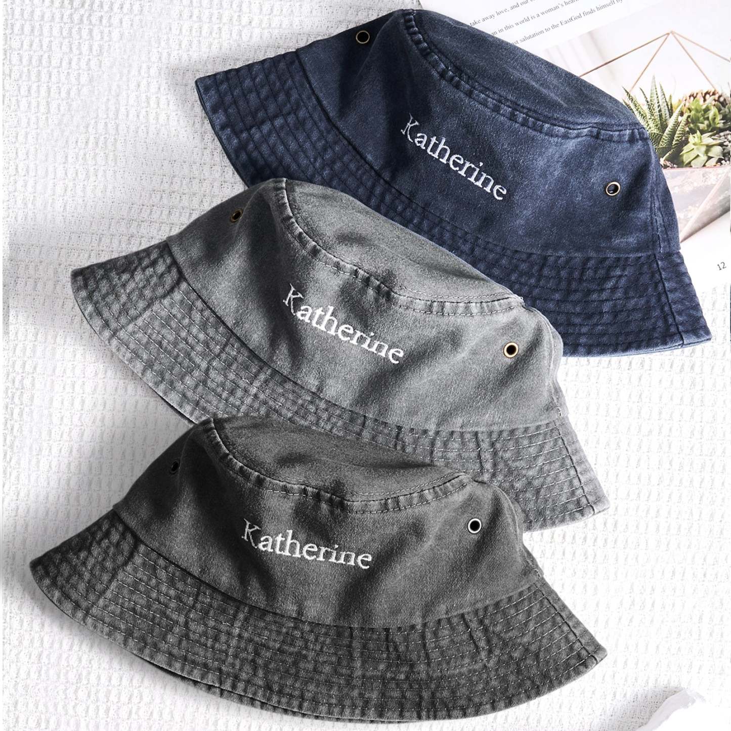 Personalisierte Jeans-eimermütze, Individuelles Namens-stickerei-design, Geschenk Für Freunde - MyFaceSocksDE