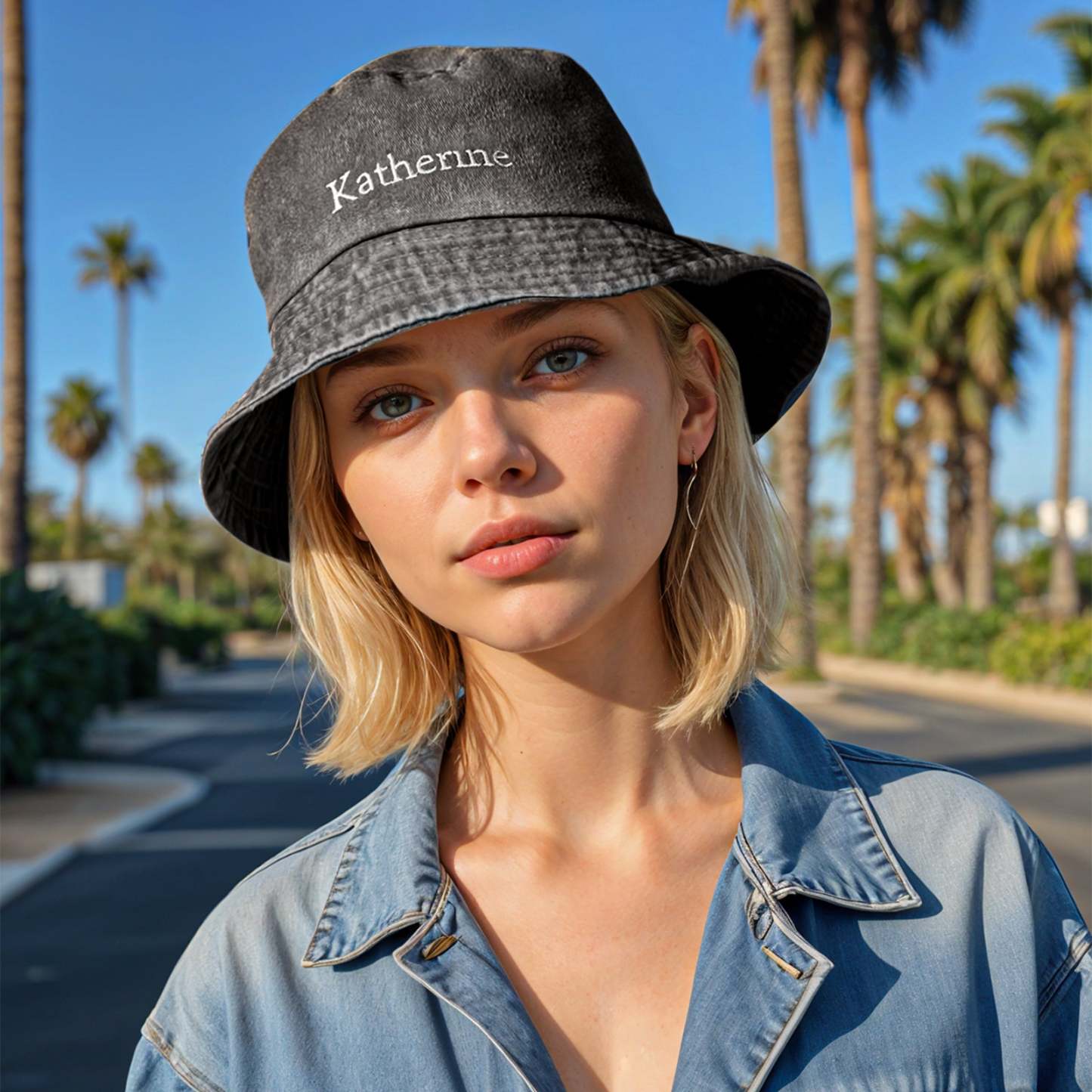 Personalisierte Jeans-eimermütze, Individuelles Namens-stickerei-design, Geschenk Für Freunde - MyFaceSocksDE