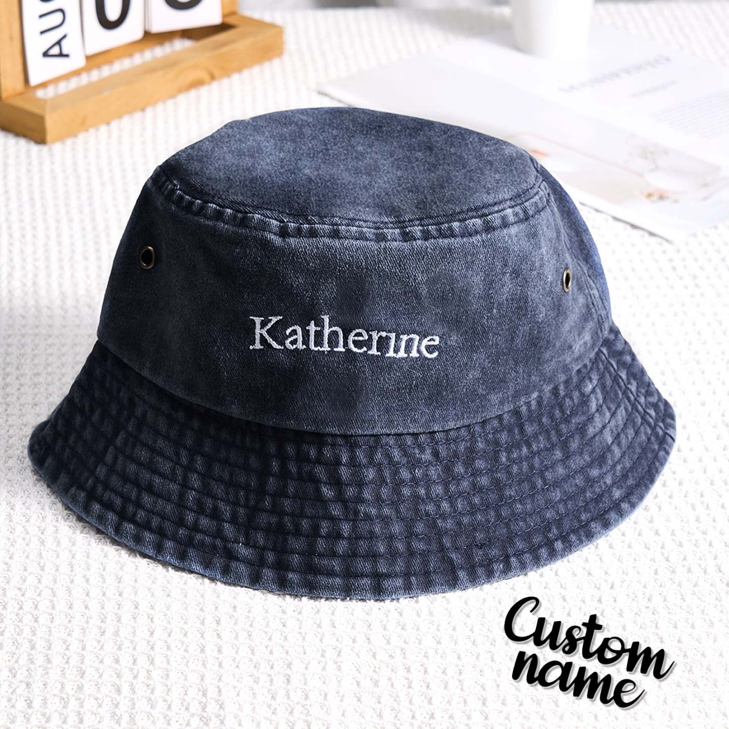Personalisierte Jeans-eimermütze, Individuelles Namens-stickerei-design, Geschenk Für Freunde - MyFaceSocksDE