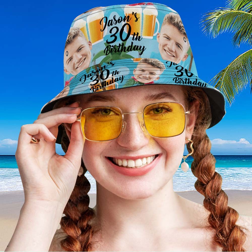 Benutzerdefiniertes Gesicht Geburtstag Hellgrün Bucket Hat Unisex Gesicht Personalisiert Outdoor Sommer Alter Und Geburtstag Hawaiian Hüte Geschenk - MyFaceSocksDE
