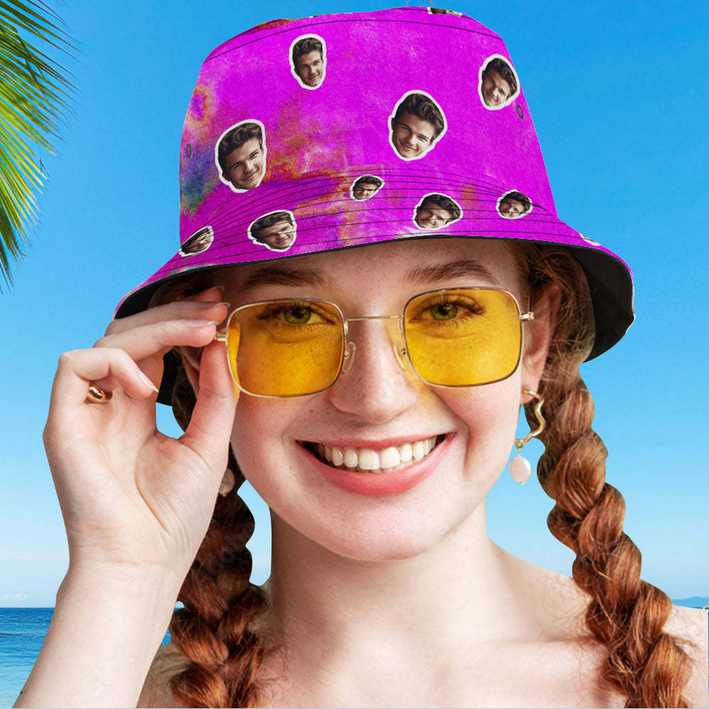 Benutzerdefinierte Bucket Hat Unisex Gesicht Bucket Hat Personalisierte Breite Krempe Outdoor Sommer Cap Wandern Strand Sport Hüte Tie Dye - Violett - GesichtSocken