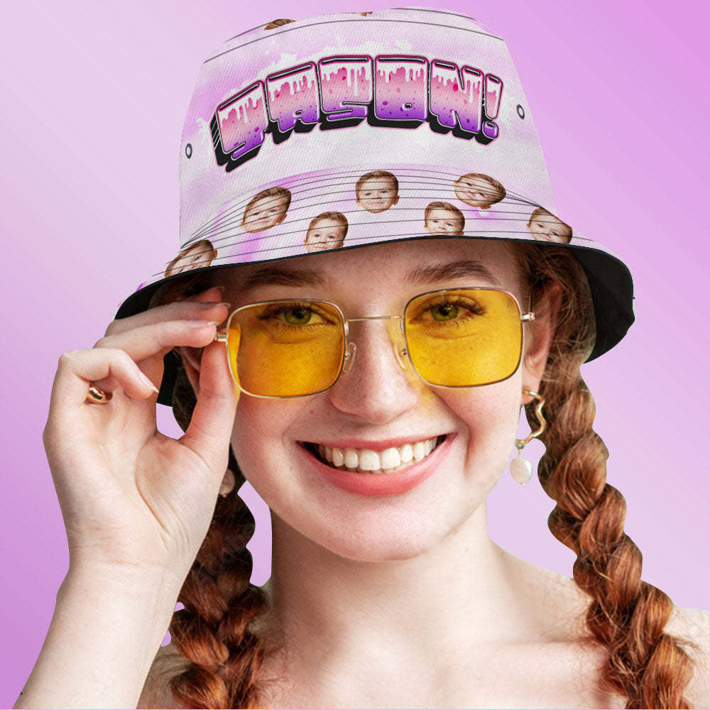 Benutzerdefinierte Bucket Hat Unisex Gesicht Bucket Hats Personalisierte Foto Und Name Sommer Rosa Hüte - GesichtSocken