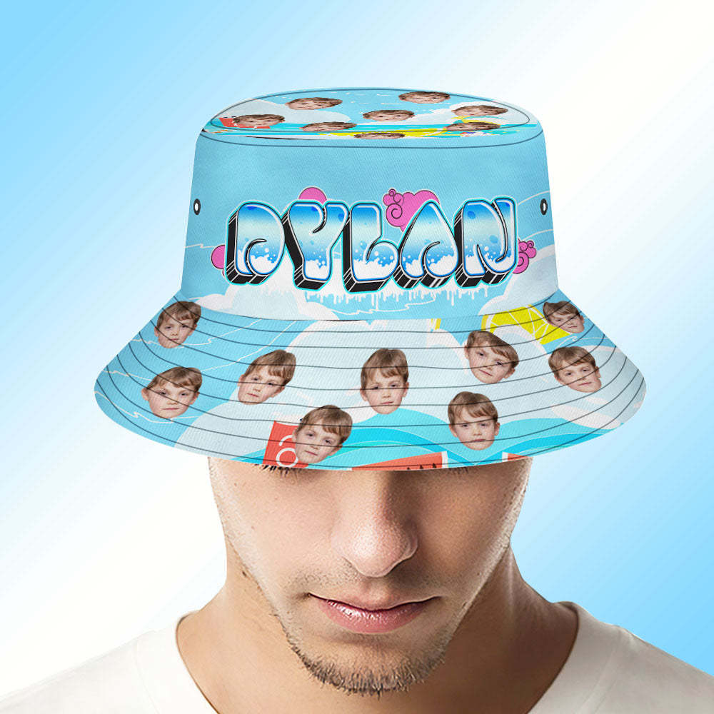Benutzerdefinierter Bucket Hat Unisex Face Bucket Hat Blau Personalisierte Breite Krempe Outdoor Sommermütze - GesichtSocken