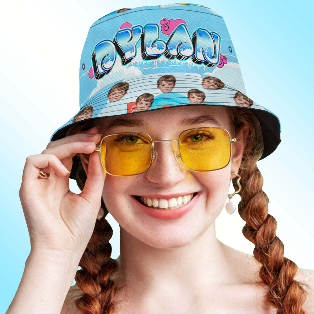 Benutzerdefinierter Bucket Hat Unisex Face Bucket Hat Blau Personalisierte Breite Krempe Outdoor Sommermütze - GesichtSocken