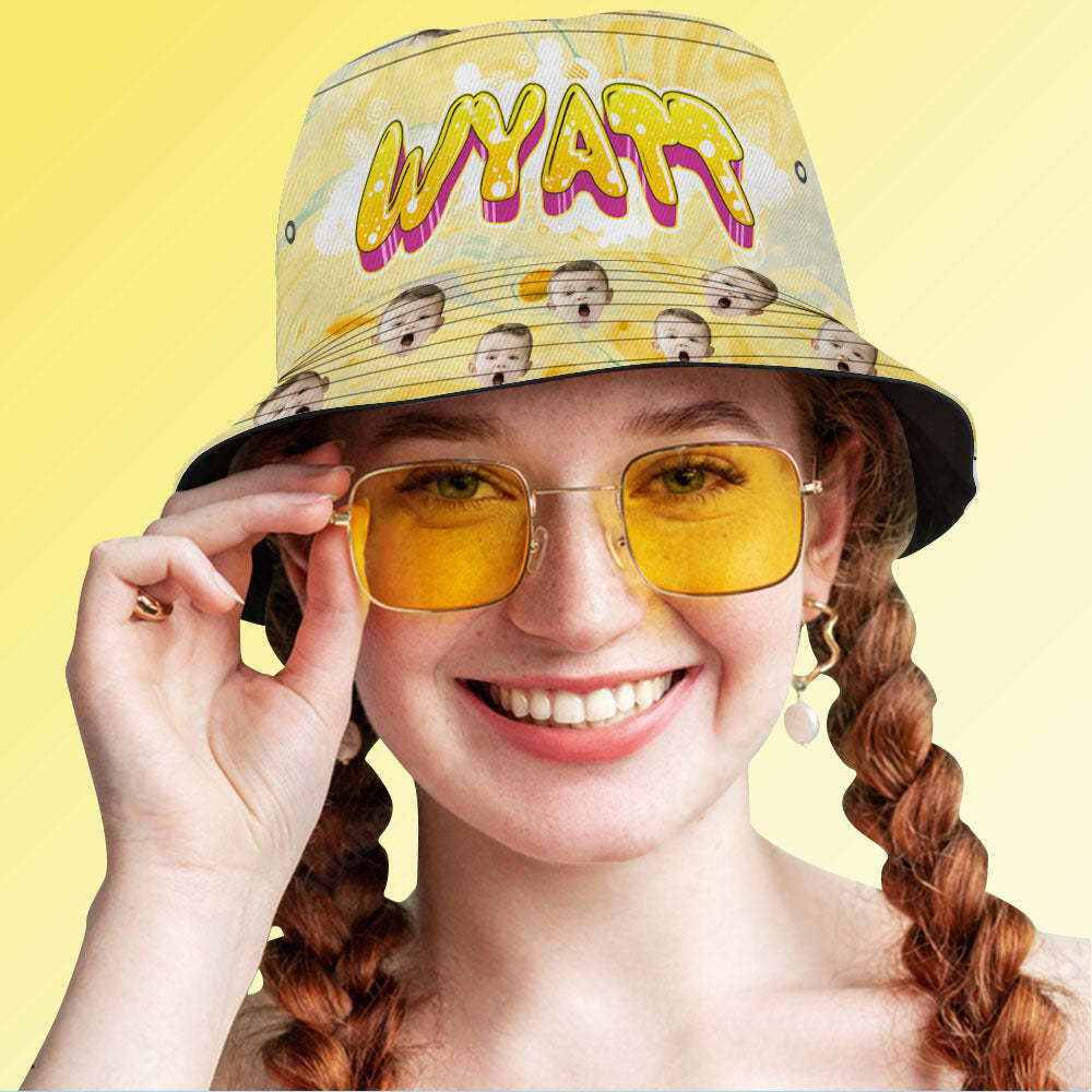 Benutzerdefinierte Bucket Hat Unisex Gesicht Bucket Hats Personalisierte Foto Und Name Sommer Gelbe Hüte - GesichtSocken