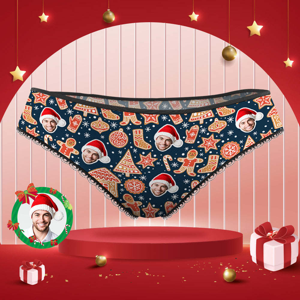 Benutzerdefinierte Gesichtshöschen, Personalisiertes Foto, Weihnachtsplätzchen-stil, Spitzenhöschen Für Frauen - GesichtSocken