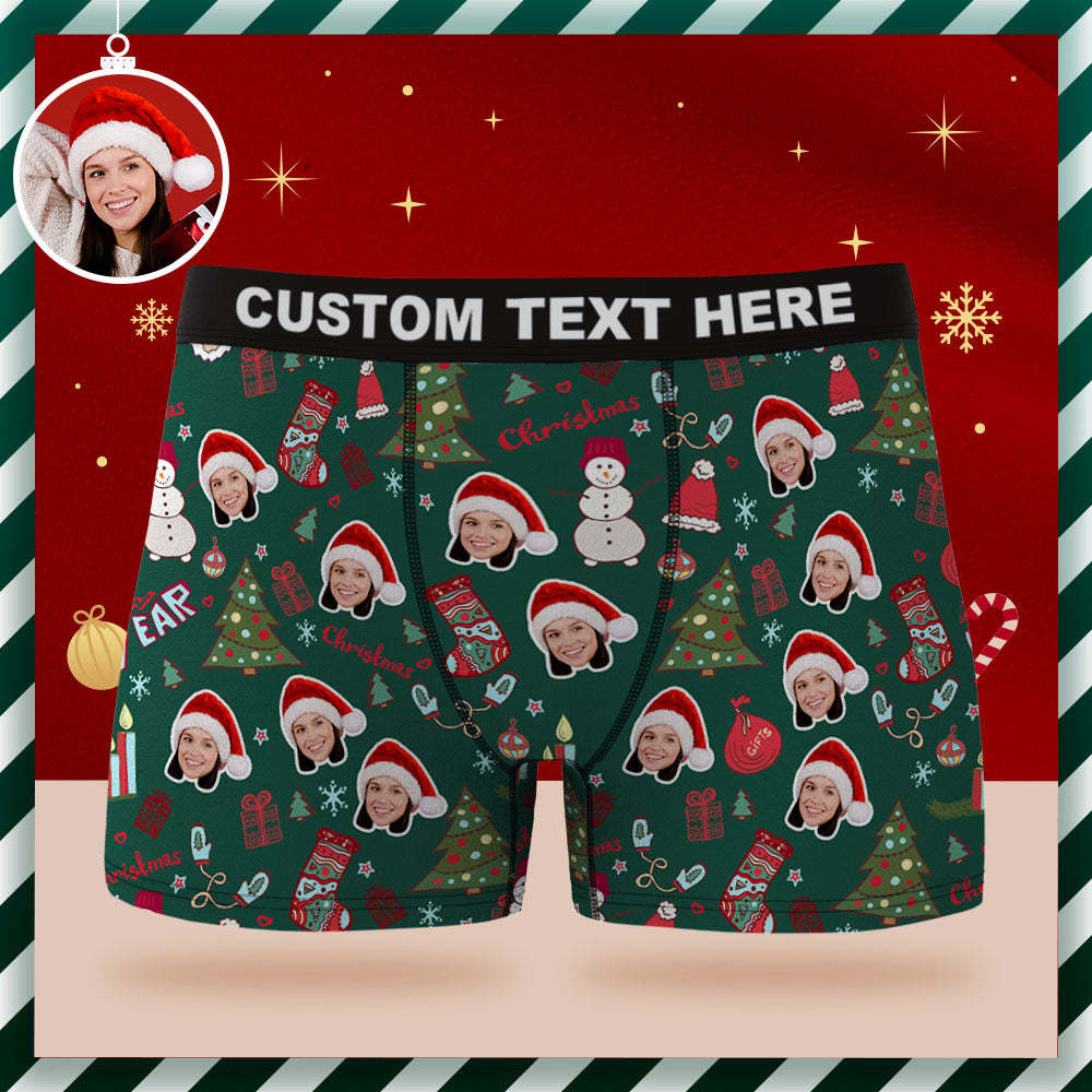 Benutzerdefinierte Gesichts-boxershorts, Personalisierte Grüne Unterwäsche, Weihnachtsmann, Weihnachten, Neujahr, Geschenk Für Ihn - GesichtSocken