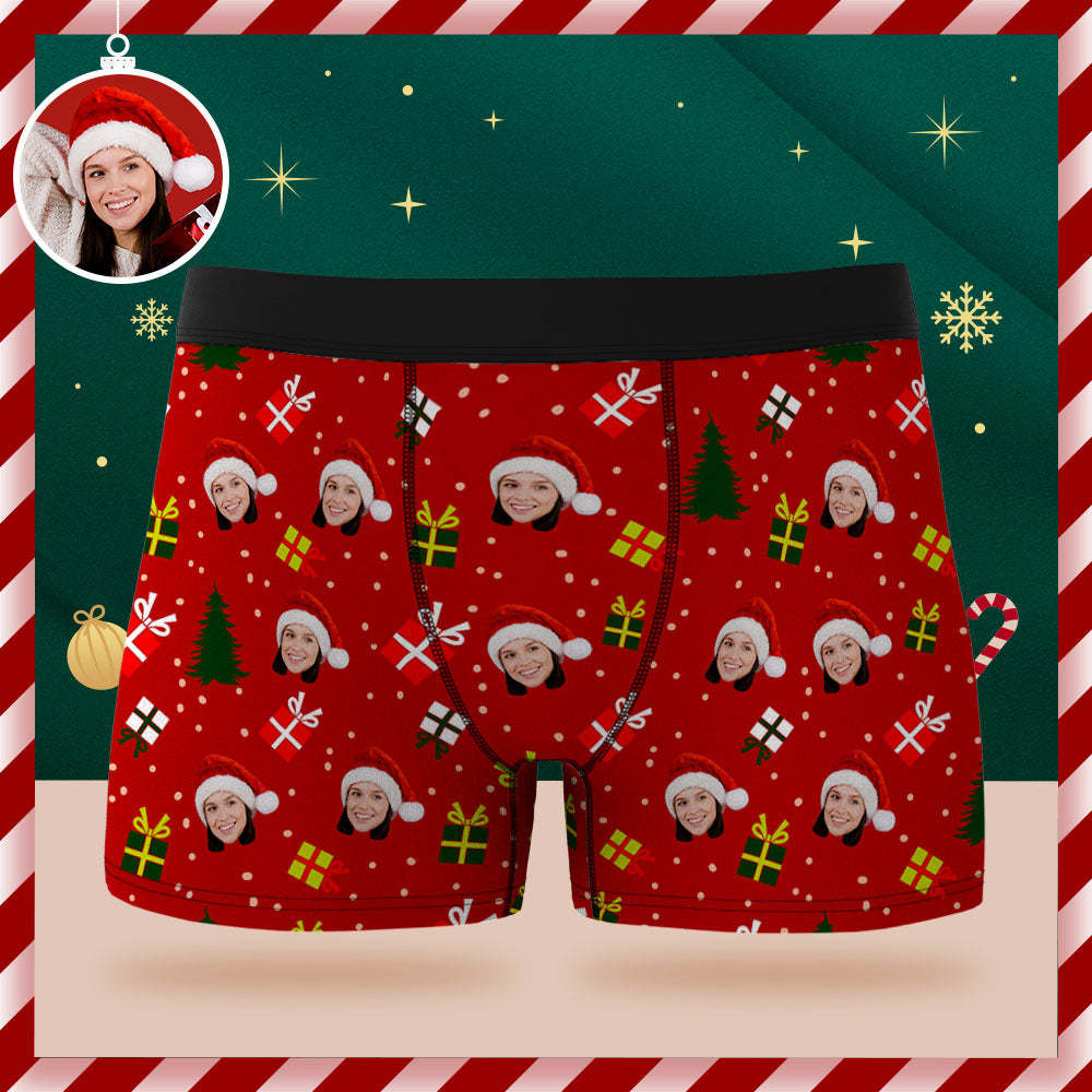 Boxershorts Mit Individuellem Gesicht, Personalisierte Grüne Unterwäsche, Weihnachtsbaum Und Geschenke, Frohe Weihnachten Für Ihn - GesichtSocken