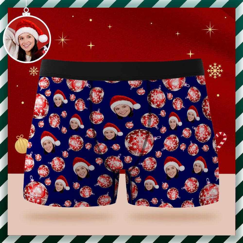 Boxershorts Mit Individuellem Gesicht, Personalisierte Blaue Unterwäsche, Weihnachtskugeln, Frohe Weihnachtsgeschenke Für Ihn - GesichtSocken