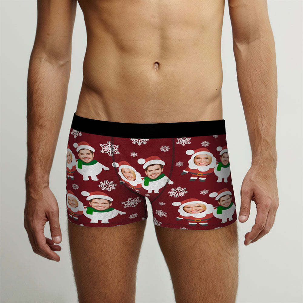 Custom Face Herren-boxershorts, Personalisierte Herren-weihnachtsshorts Mit Foto, Weihnachtsmann Und Schneemann - GesichtSocken