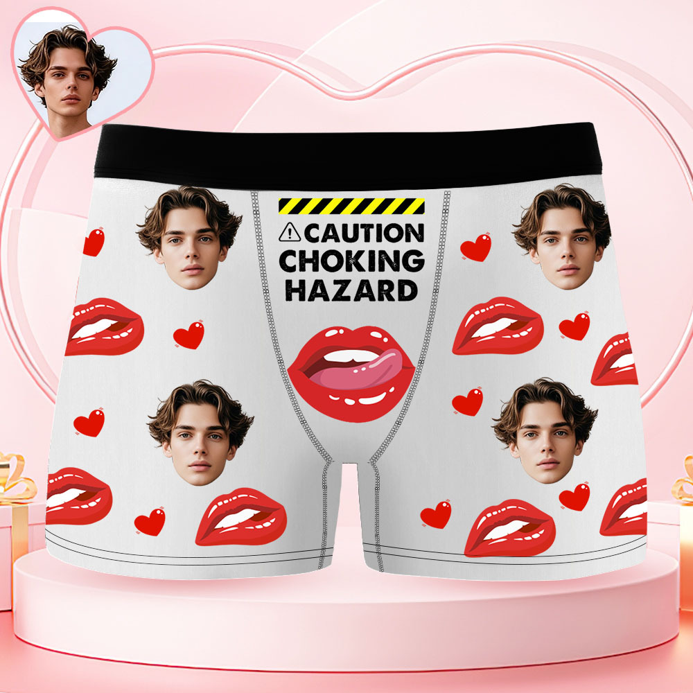 Personalisierte Boxershorts Mit Gesichtsmotiv – Vorsicht, Erstickungsgefahr! Boxershorts Mit Roten Lippen – Geschenkidee Mit Foto – Lustige Herren-boxershorts - MyFaceSocksDE