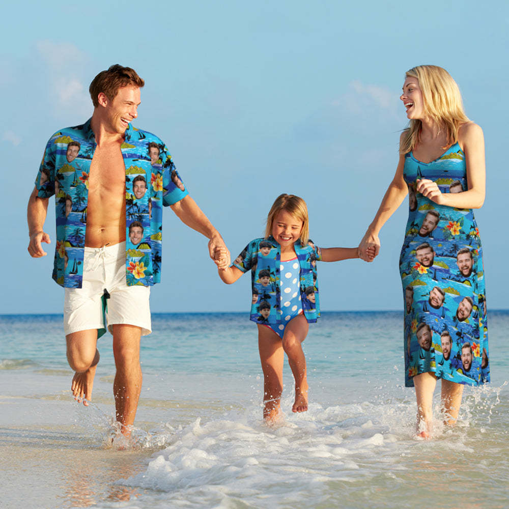 Custom Face Hawaiian Style Vice City Large Leaves Langes Kleid Und Hemd Family Matching - GesichtSocken