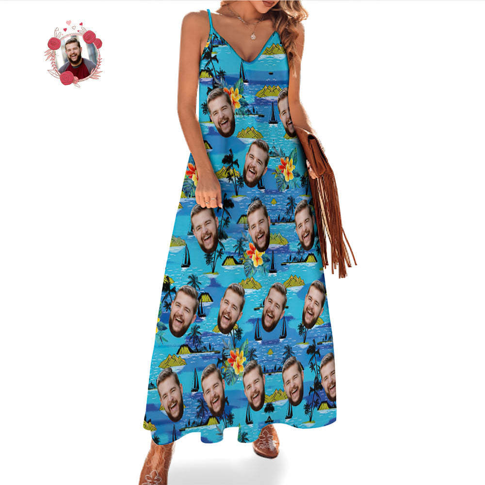 Custom Face Hawaiian Style Vice City Large Leaves Langes Kleid Und Hemd Family Matching - GesichtSocken