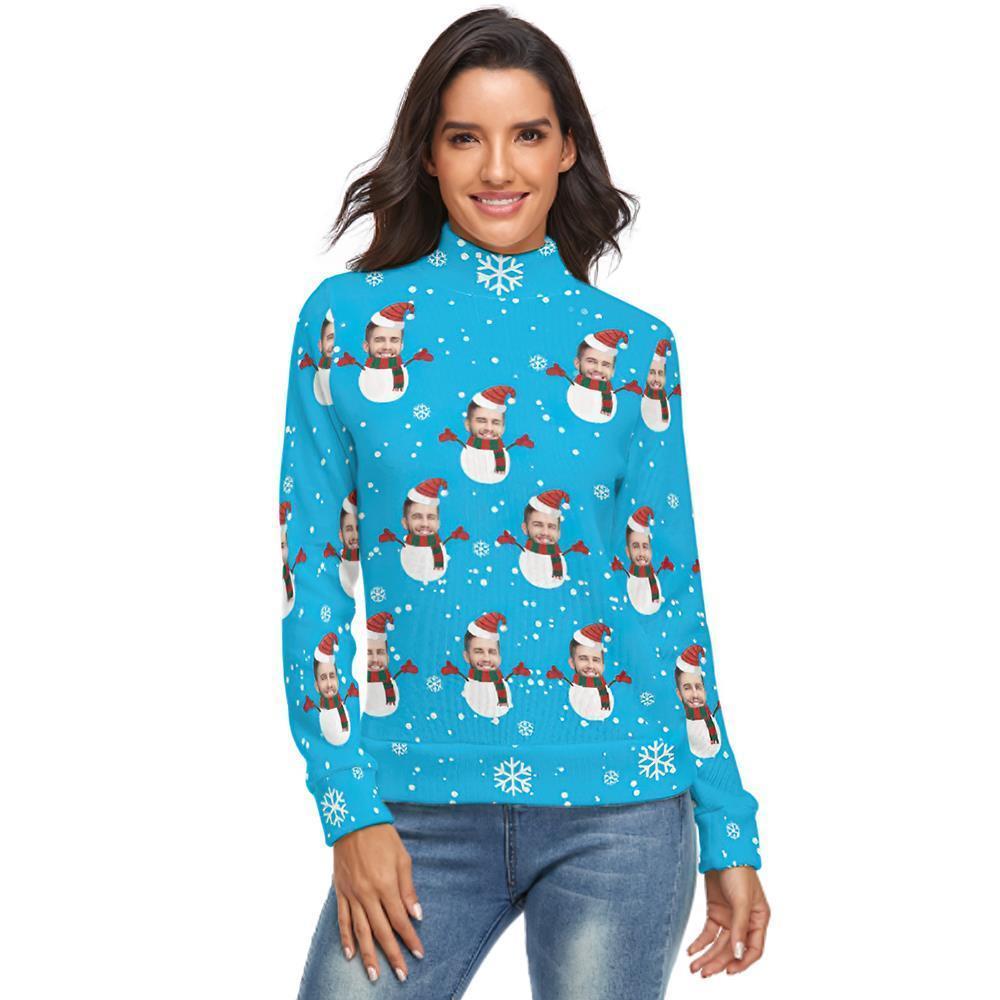 Benutzerdefiniertes Gesicht lRollkragenpullover für Damen Weihnachtspullover Gestrickte lose Pullover - Schneemann
