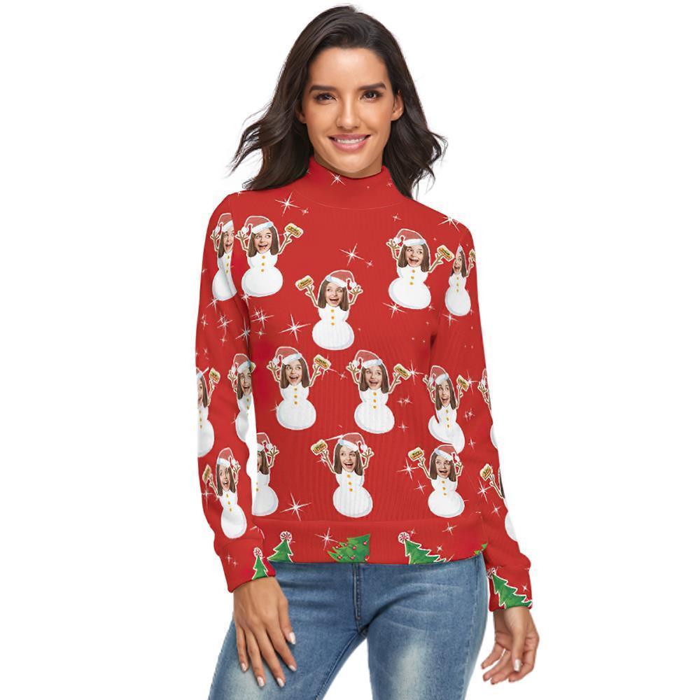 Benutzerdefiniertes Gesicht lRollkragenpullover für Damen Weihnachtspullover Gestrickte lose Pullover - Schneemädchen