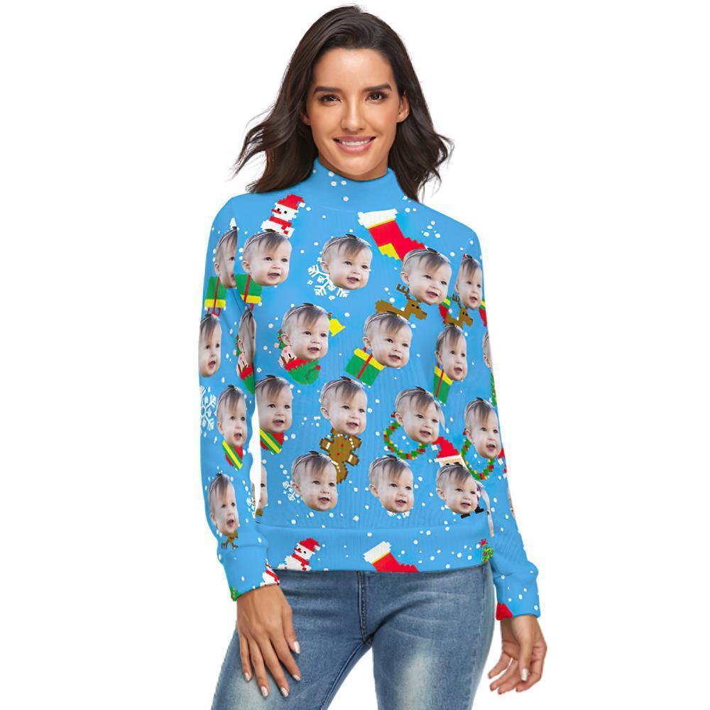 Benutzerdefiniertes Gesicht lRollkragenpullover für Damen Weihnachtspullover Gestrickte lose Pullover - Eisblau