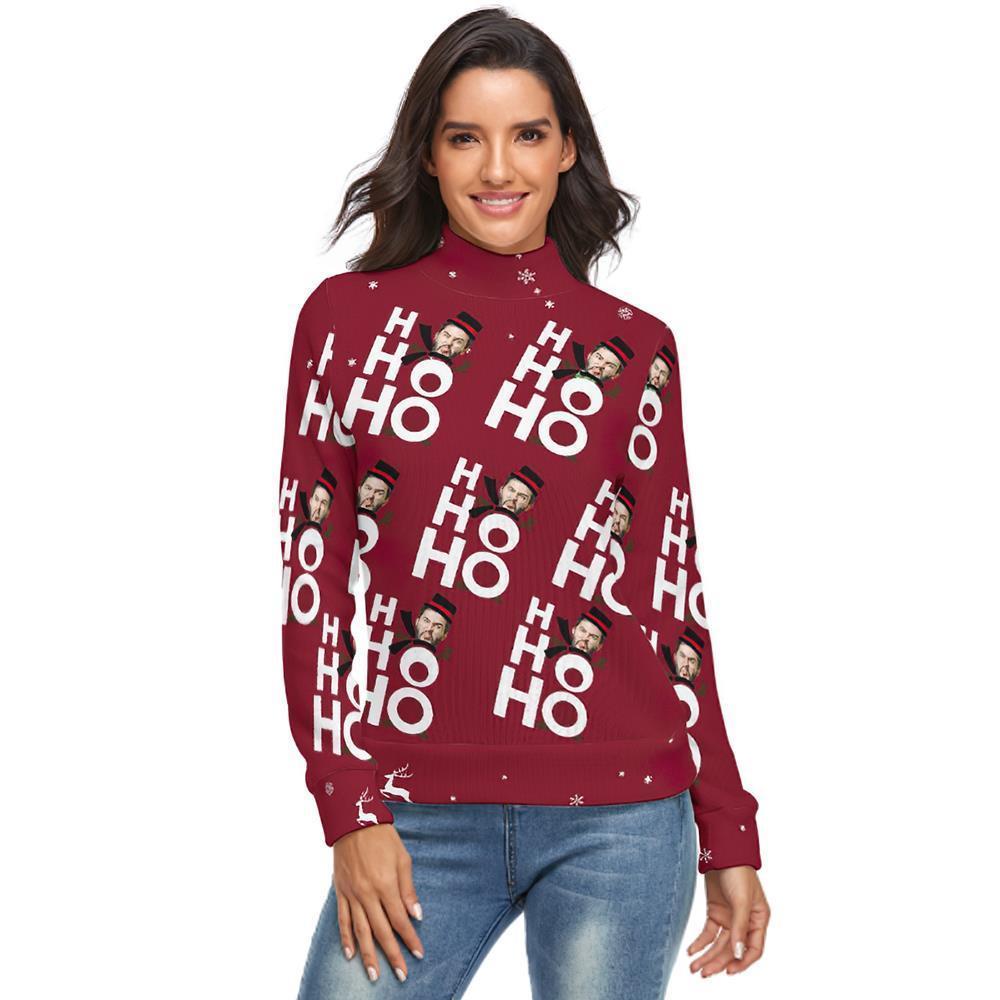 Benutzerdefiniertes Gesicht lRollkragenpullover für Damen Weihnachtspullover Gestrickte lose Pullover - Ho Ho Ho