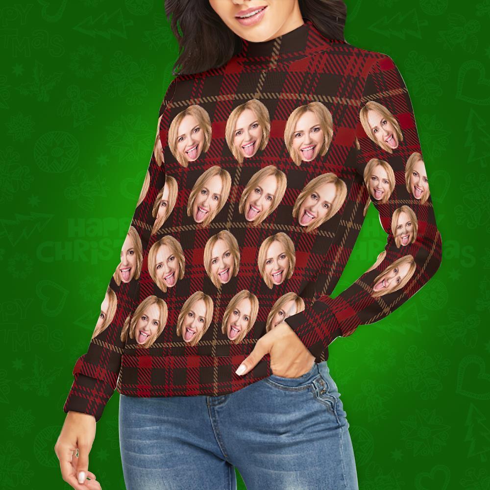 Benutzerdefiniertes Gesicht lRollkragenpullover für Damen Weihnachtspullover Gestrickte lose Pullover - Klassisches rotes Plaid