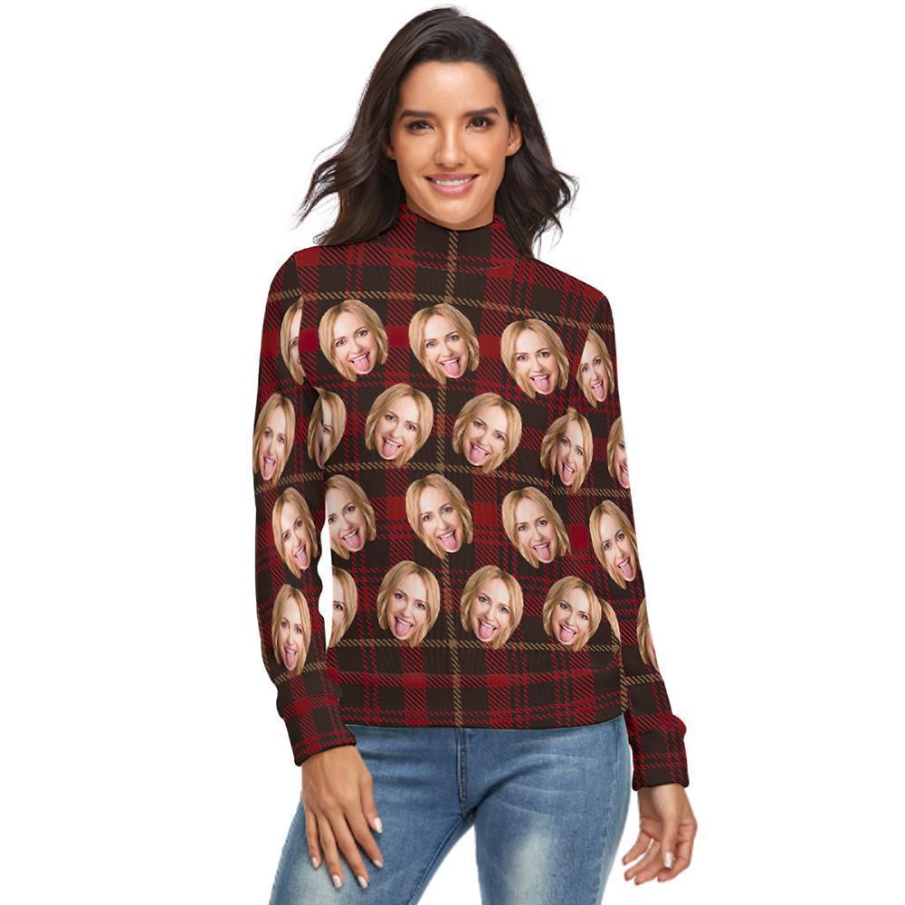 Benutzerdefiniertes Gesicht lRollkragenpullover für Damen Weihnachtspullover Gestrickte lose Pullover - Klassisches rotes Plaid