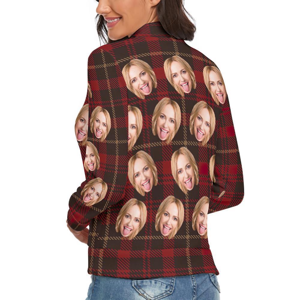 Benutzerdefiniertes Gesicht lRollkragenpullover für Damen Weihnachtspullover Gestrickte lose Pullover - Klassisches rotes Plaid