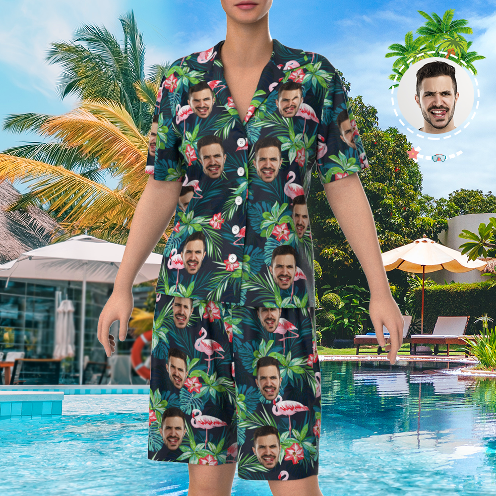 Benutzerdefinierte Gesicht Auf Pyjama-set, Kurzarm-nachtwäsche, Button-down-nachtwäsche - Blätter &amp; Flamingo - GesichtSocken