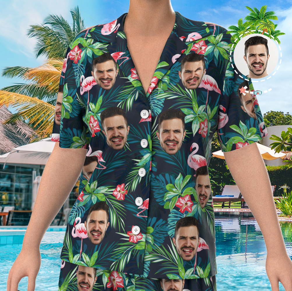 Benutzerdefinierte Gesicht Auf Pyjama-set, Kurzarm-nachtwäsche, Button-down-nachtwäsche - Blätter &amp; Flamingo - GesichtSocken