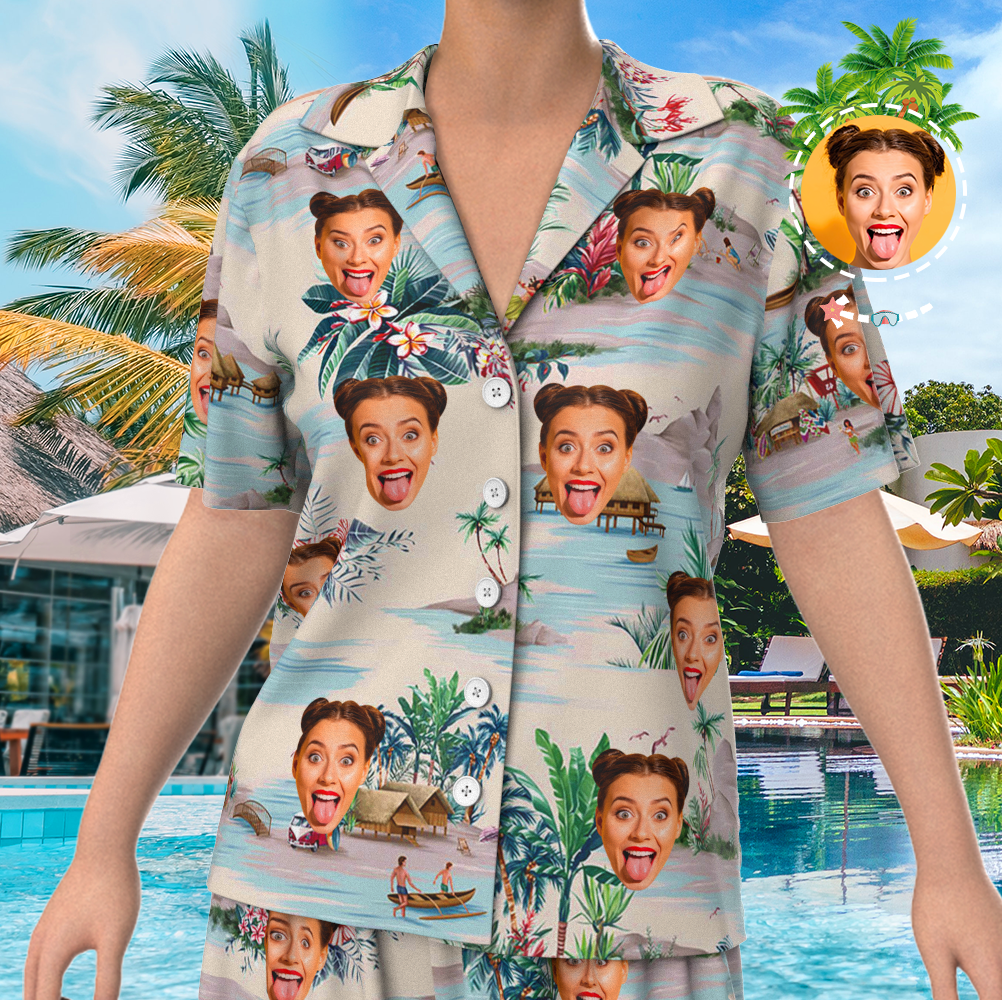 Benutzerdefiniertes Gesicht Auf Pyjama-set, Kurzarm-nachtwäsche, Button-down-nachtwäsche - Landschaftsmuster - GesichtSocken