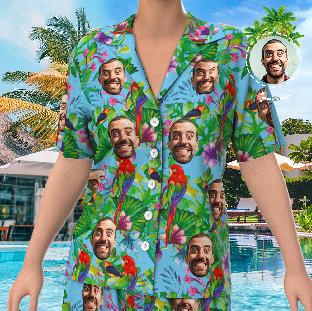 Custom Face On Pyjama Set, Kurzarm-nachtwäsche, Button-down-nachtwäsche - Papagei - GesichtSocken