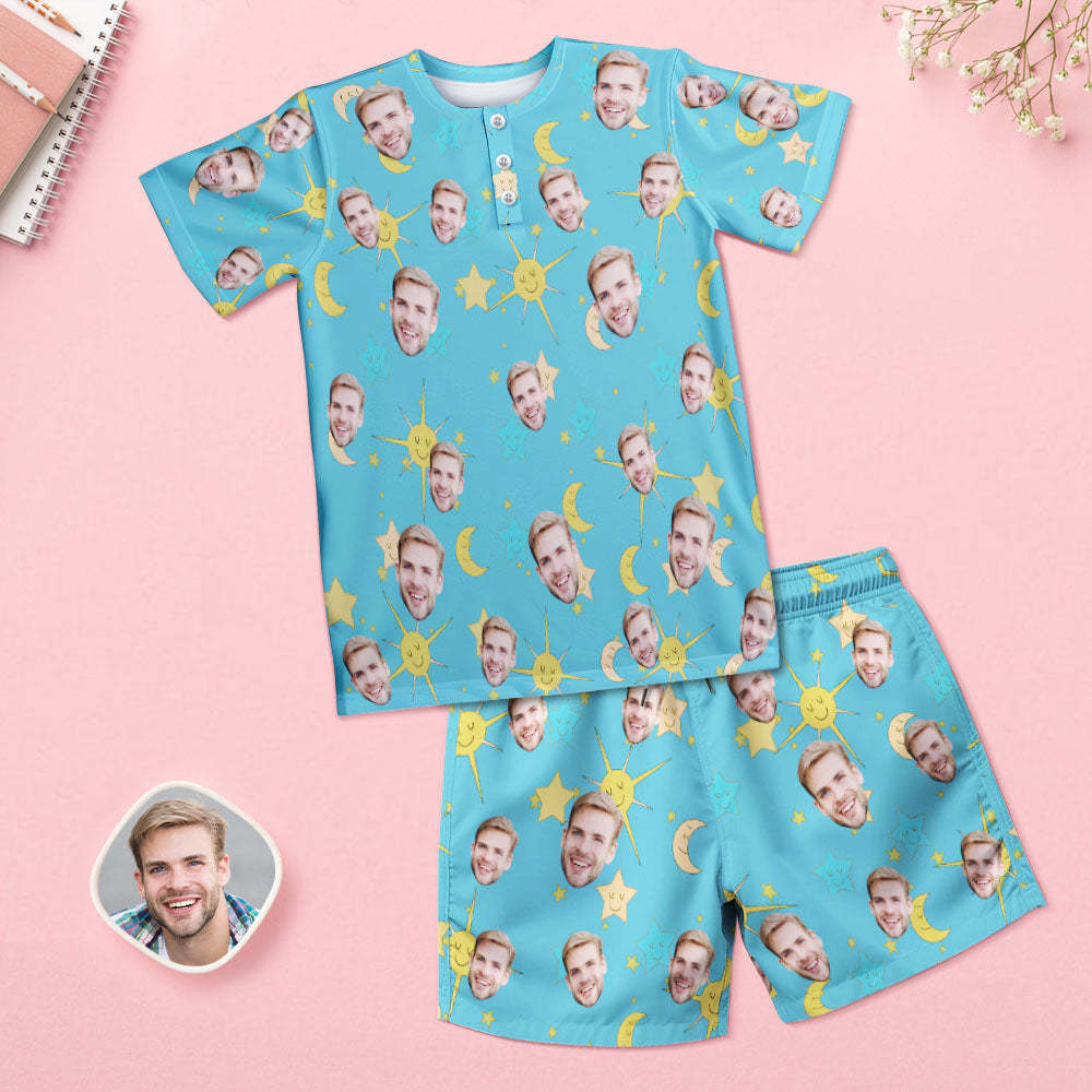 Benutzerdefinierter Gesichts-pyjama Für Damen, Blau, Kurzes Pyjama-set, Geschenk - GesichtSocken