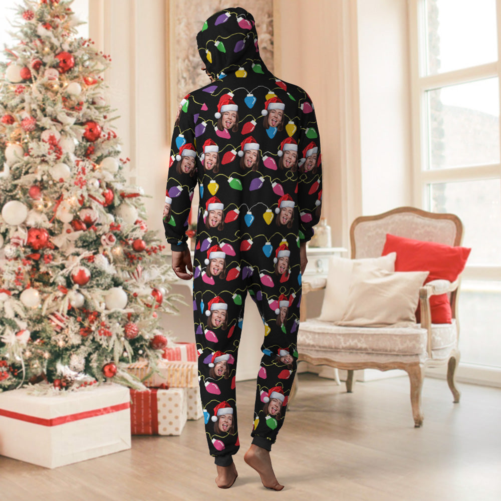 Benutzerdefinierte Gesichts-weihnachtslichter, Bedruckter Flanell-fleece-einteiler-pyjama, Personalisierter Gesichts-jumpsuit, Homewear, Weihnachtsgeschenk