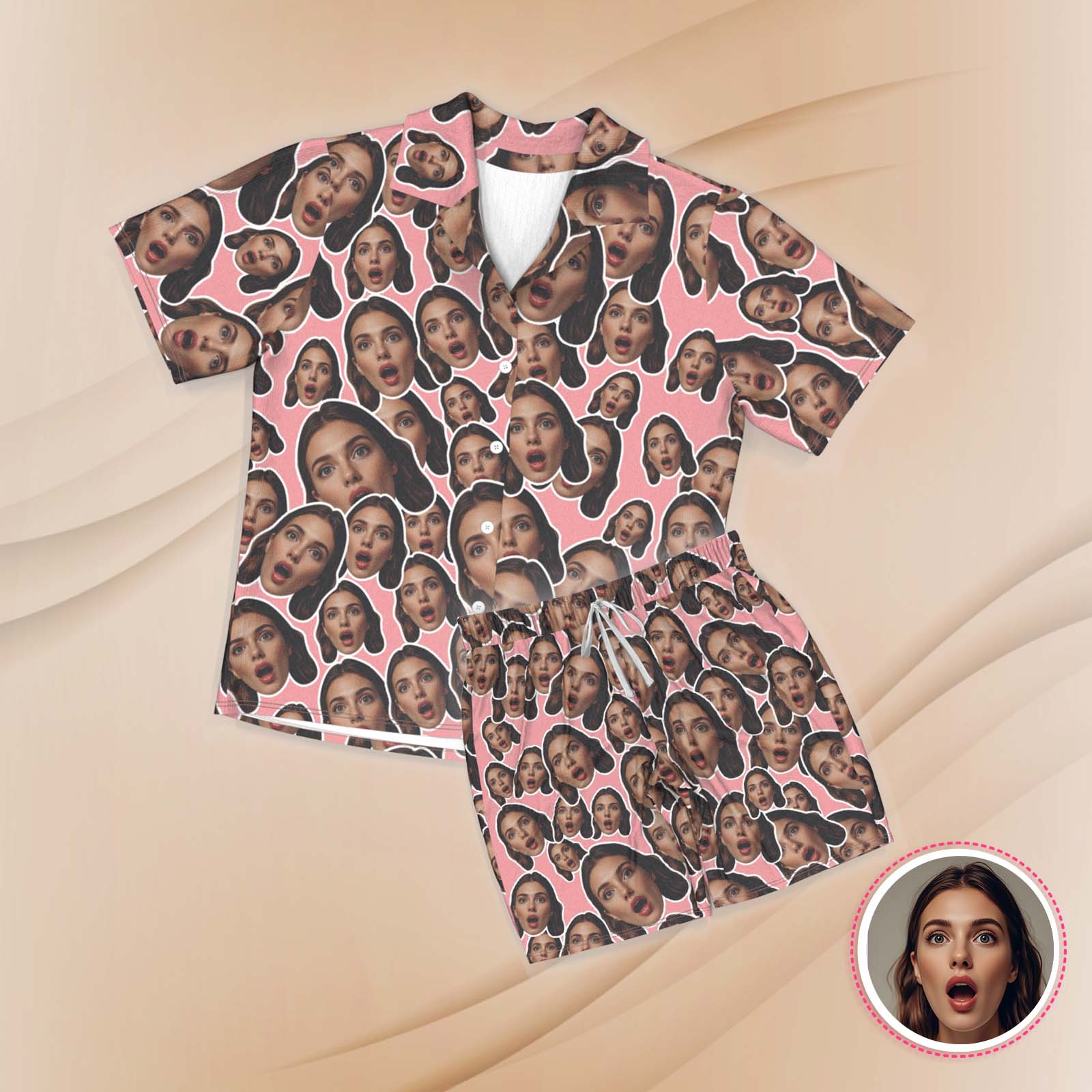 Kurzärmeliger Pyjama Mit Individuellem Gesicht, Personalisierte Rosa Nachtwäsche, Liebesgeschenke