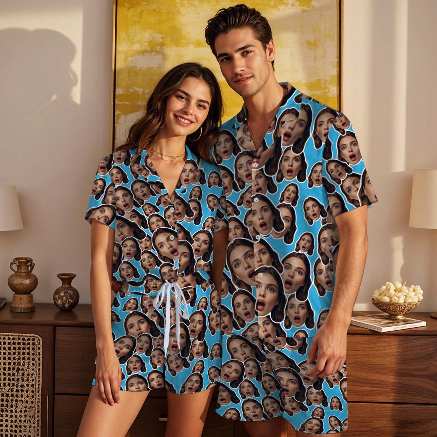 Kurzärmeliger Pyjama Mit Individuellem Gesicht, Personalisierte Rosa Nachtwäsche, Liebesgeschenke - MyFaceSocksDE
