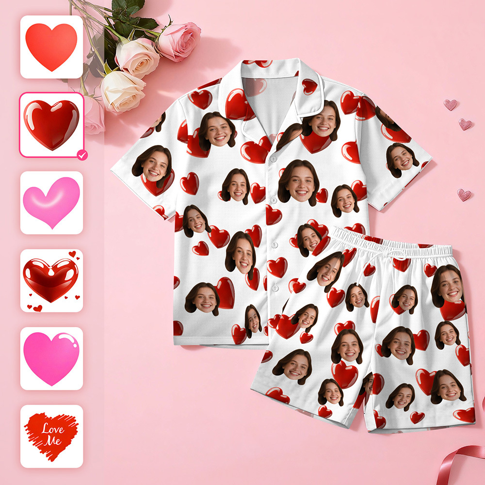 Personalisierter Kurzarm-schlafanzug Mit Herzmotiv, Partner-schlafanzug, Valentinstagsgeschenk Für Sie - MyFaceSocksDE