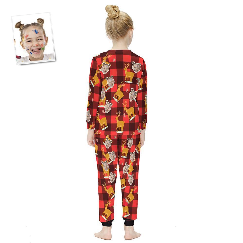 Custom Face Langarm-pyjama Kinderanzug - Christmas Plaid Fawn - GesichtSocken