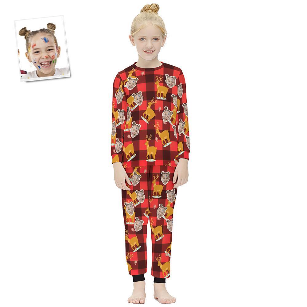 Custom Face Langarm-pyjama Kinderanzug - Christmas Plaid Fawn - GesichtSocken